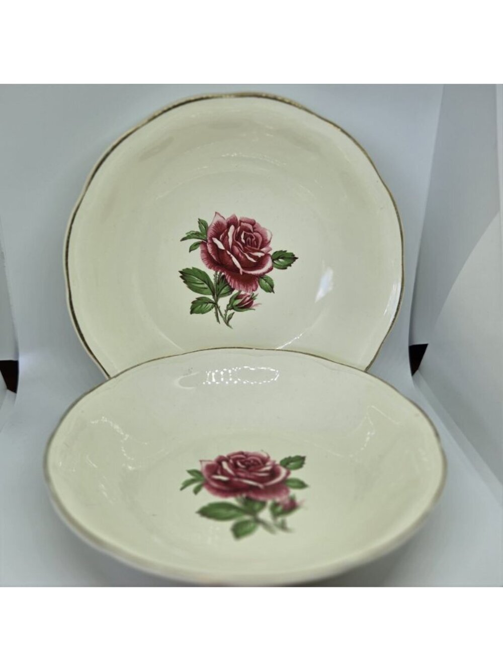 Regency British Anchor Rose Soup Bowls Set of 2 Scalloped Edge Cream Gold Rim